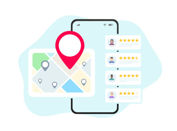 Local SEO for small businesses. Marketing based on customer ratings and reviews. Listings with maps, red pins, and star ratings for nearby places Local SEO for small businesses. Marketing based on customer ratings and reviews. Listings with maps, red pins, and star ratings for nearby places. SEO Company stock illustrations