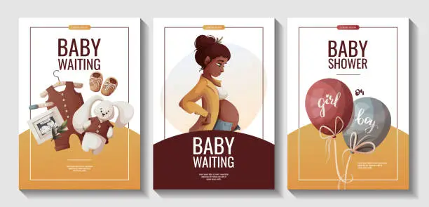 Vector illustration of Set of Flyers with pregnant woman, romper, plush bunny, ultrasound baby picture.