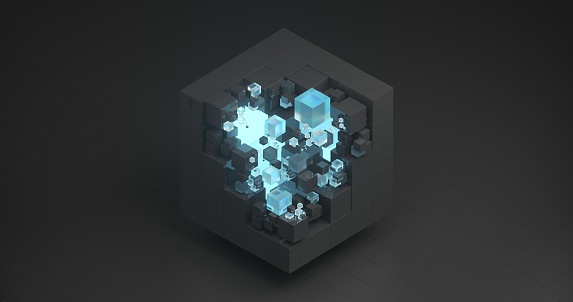 A black matte cube, which seems to attract the eye, breaks into hundreds of small blue cubes of neon glow on a black background.