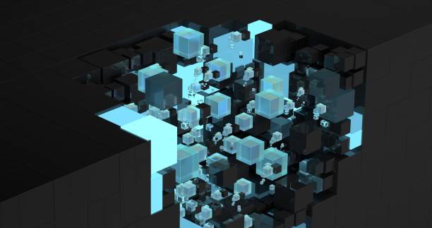 A large black cube, the surface gradually disintegrates into many small cubes, some of which light up with neon blue light, forming an abstract geometric background