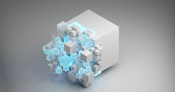 A white matte cube, which seems to attract the eye, breaks into hundreds of small blue cubes of neon glow on a black background.
