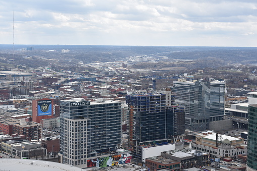 An aerial view of Kansas City, Missouri's skyline from the City Hall Observation Deck located in downtown.