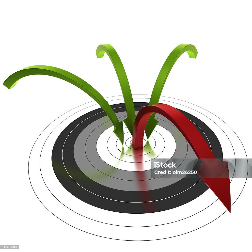 bounce rate three green arrow reaching the center of a target and one bouncing out of the center, symbol of bounce rate Arrow Symbol Stock Photo