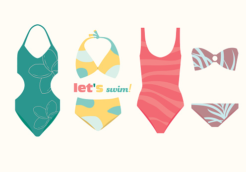 Swimsuits with Different Types, Swimwear, Summertime Fashion Objects for Sticker, Card, Logo and Seasonal Textile Design.