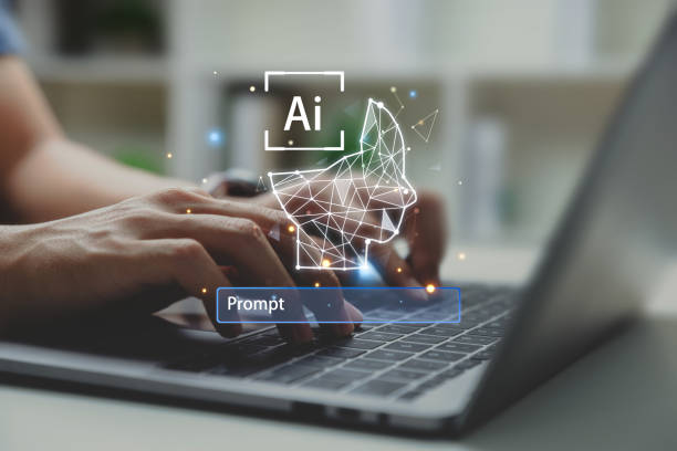 la mano del empresario que usa una computadora portátil con un robot inteligente ingresa al comando para crear algo. - incentivo fotografías e imágenes de stock