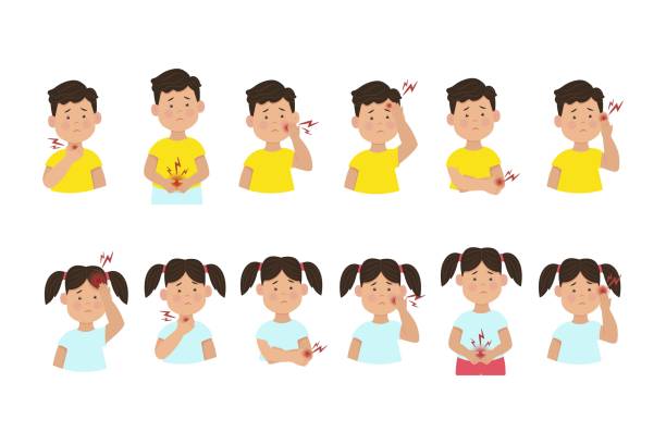 ilustraciones, imágenes clip art, dibujos animados e iconos de stock de enfermedad del niño, dolor e inflamación en niños, ilustración de vector plano. niño enfermo - dolor de garganta