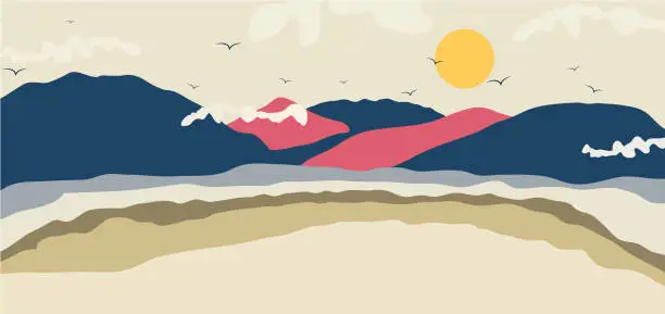 Vector illustration of Abstract mountain landscape background with retro boho design