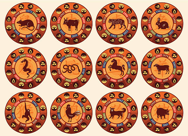 Chinese Zodiac Set Chinese zodiac set with years and the five elements symbols fire rabbit zodiac stock illustrations