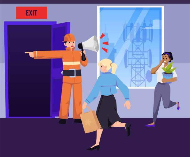 People run to exit evacuating on fire alarm warning, flat vector illustration. People run to exit evacuating on fire alarm warning, flat vector illustration. Scene of emergency people evacuation training from building led by firefighters. emergency first response stock illustrations