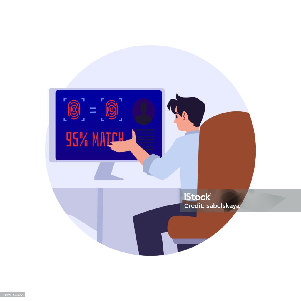 Cartoon Man Using Scanner Vector Illustration Of Man Sits At A Computer And Scans Fingerprint ...