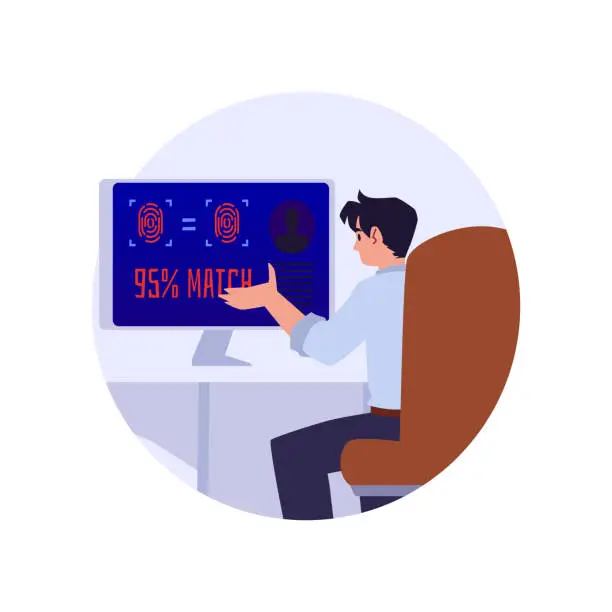 Vector illustration of Vector illustration of man sits at a computer and scans fingerprint, uses authentication access technology on the computer software, isolated on white background