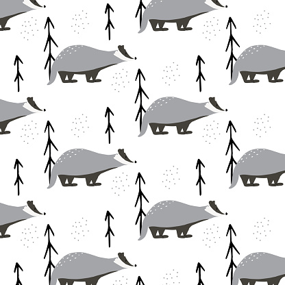 Badger Pattern Background Childish Seamless Pattern With Badger Handdrawn Pattern With Cute ...