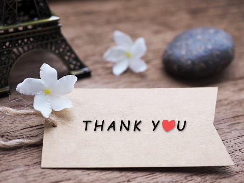 The word Thank you and small red heart on the brown tag and white flower on rustic wooden background.