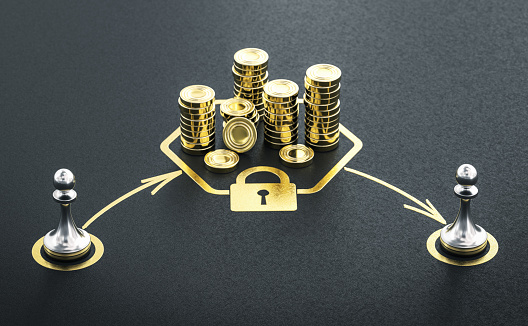 Pawns and generic coins over black background. Concept of locked-in money. 3D illustration.