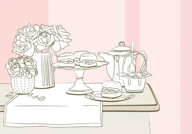 Vector illustration of Elegant table set with rose, peony scone and tea