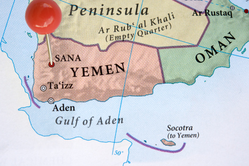 Yemen on a map with a red pin