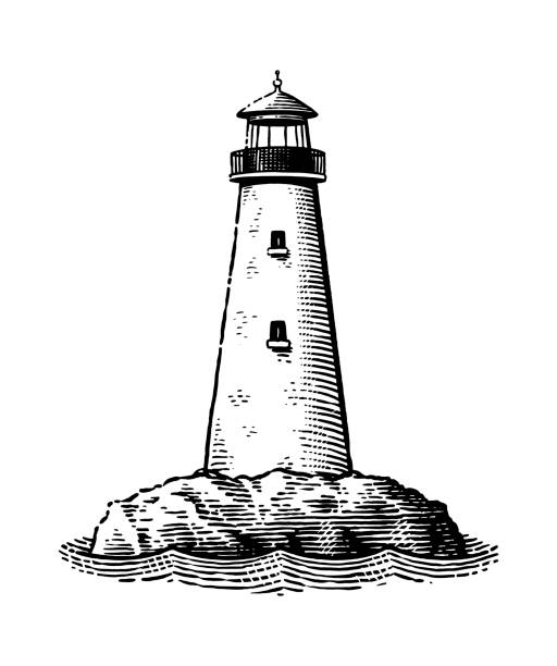Old, engraving style illustration of a lighthouse built on rock island