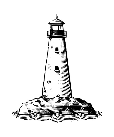 Old, engraving style illustration of a lighthouse built on rock island