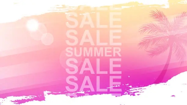 Vector illustration of Summer Sale promotional banner. Summertime commercial background with summer sun and palm tree for business, seasonal shopping, sale promotion and advertising.