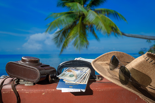 Suitcase, sun hat, photo camera, american money, passport and sunglasses with sea water, coconut palm tree and blue sky background on sunny summer day in tropical beach. Vacation and travel concept