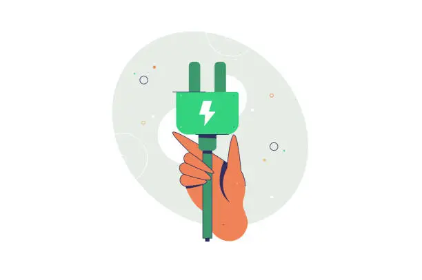 Vector illustration of Climate change vector. Character hand holding energy cord. Power Electricity, Energie. Power plug. Green energy and sustainability.