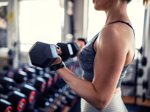 One woman, beautiful fit woman sitting on weight bench, exercising with dumbbells in gym.