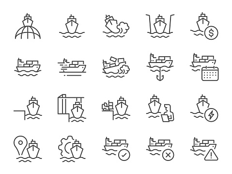 Sea freight icon set. It included the shipping, route, container, dockyard, cargo, and more icons.