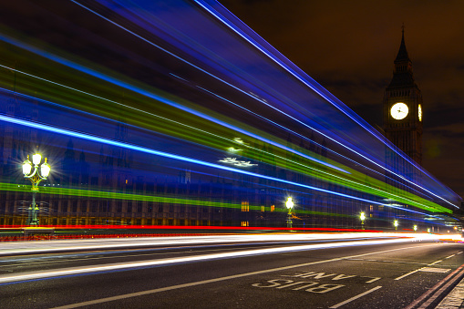 Long exposure shot on Westminster Bridge, with the English Parliament Building in the background.