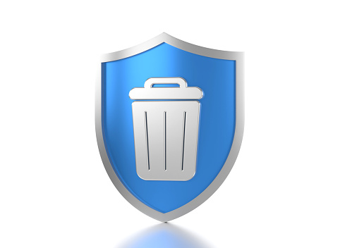 Garbage Bin icon And Blue Shield On White Background