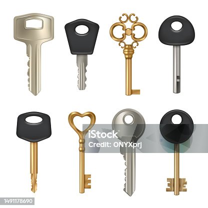 istock Metallic key. Safety concept set pictures of different door key decent vector illustrations 1491178690