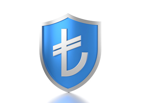Turkish Lira icon And Blue Shield On White Background