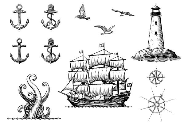 Set of vector drawings related to sailing Old, engraving style illustration of anchor, seagull, compass rose, ship, lighthouse and sea monster. sea monster stock illustrations