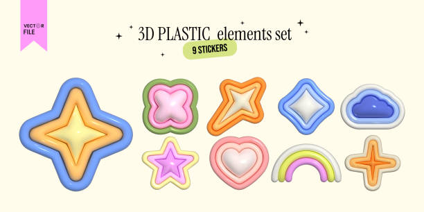 istock Vector illustration - Set of groovy colourful stickers. Inflated 3D elements with the plastic effect. Trendy shapes - Stars, Heart, Cloud, Rainbow, Flower. 1491181854