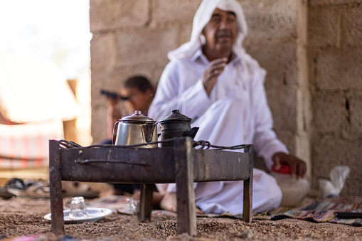 Bedouin man drinking tea, traditional tea, Bedouin portrait, Sinai, Egypt