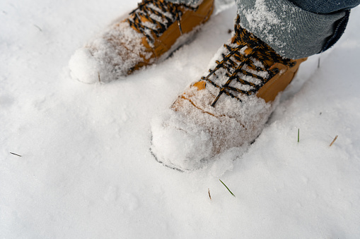 Winter Boots in Snow, Warm Winter Shoes, Waterproof Surface, Hiking Footwear, Brown Winter Boots Top View