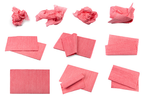 Crumpled Cleaning Cloth Isolated, Pink Wipe Rag, Cleaning Microfiber Towel, Wiping Cotton Napkin, Microfibre Fabric for Cleanliness, Kitchen Cloths on White Background