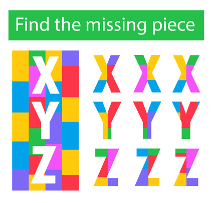 Puzzle game. Task for the development of logic for children. Find the missing pieces. English letters XYZ. Vector illustration.