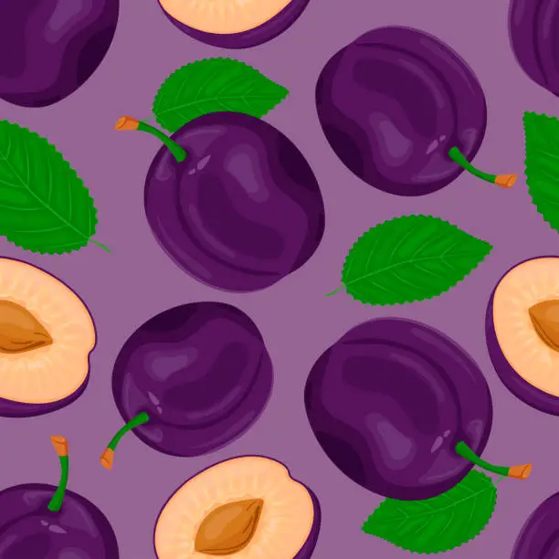 Vector illustration of Seamless pattern of whole plums and halves, green leaves. Ripe berries. Fruit picking. Vector illustration in a flat style for menu design, recipes.