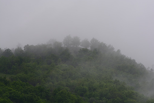 Mountain landscape with fog in Giffoni Valle Piana,Southern Italy,May 15,2023.