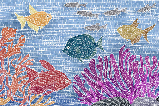 Underwater scene with colored fishes and plants, aquarium background vector graphic mosaic