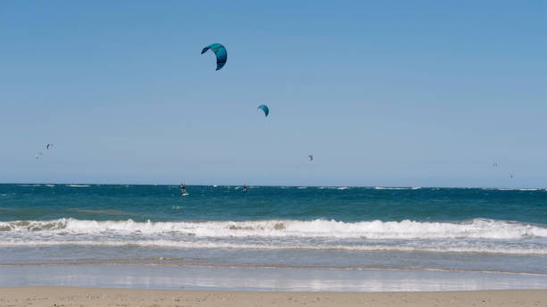 istock Panoramic sea view with kitesurfing sails. people enjoy riding a kitesurfing board on a bright sunny day, by the sea or ocean. Water sports, adrenaline, fun, adventure 1491189270