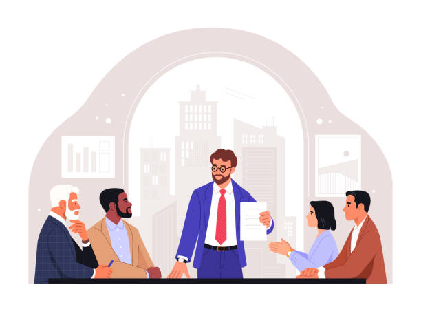Board of Directors. Vector cartoon illustration in a flat style of a group of diverse people sitting and discussing in an office at a table headed by a manager. Isolated on background with a window board member vector stock illustrations