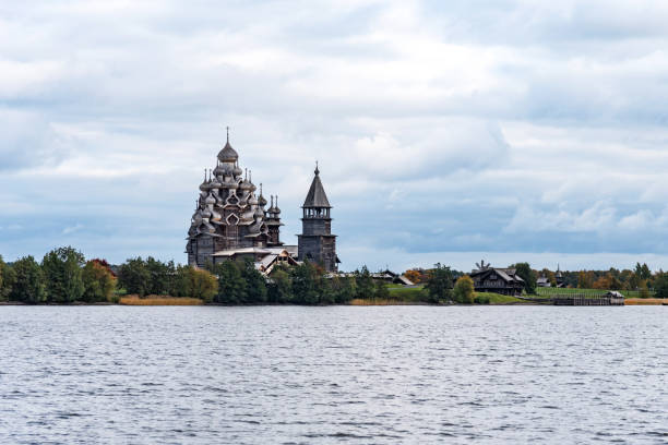 panoramic view of the wooden churches on island of kizhi, karelia. - russia russian culture kizhi island traditional culture imagens e fotografias de stock