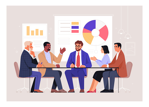 Vector cartoon illustration in a flat style of group of diverse people leading a discussion at a table near a whiteboard with charts and graphs. Isolated on background