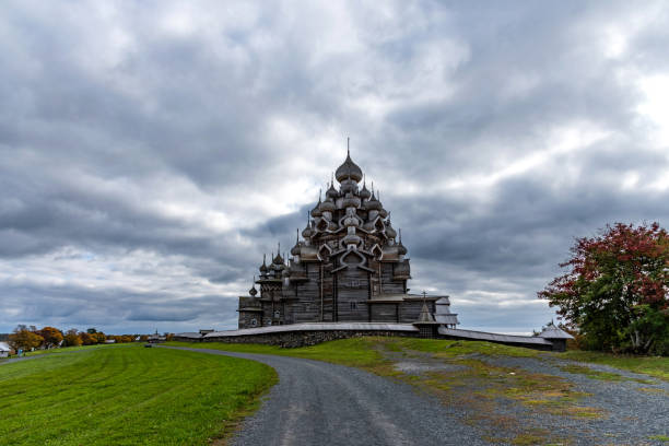 panoramic view of the wooden churches on island of kizhi, karelia. - russia russian culture kizhi island traditional culture imagens e fotografias de stock