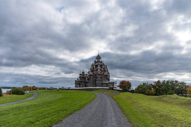 panoramic view of the wooden churches on island of kizhi, karelia. - russia russian culture kizhi island traditional culture imagens e fotografias de stock