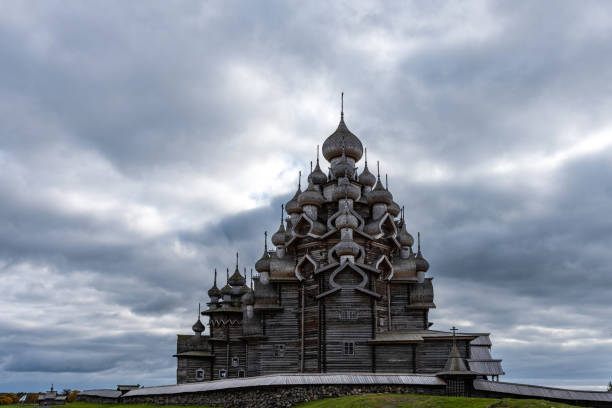 panoramic view of the wooden churches on island of kizhi, karelia. - russia russian culture kizhi island traditional culture imagens e fotografias de stock