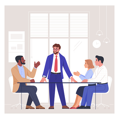 Vector cartoon illustration in a flat style of a group of diverse people sitting and discussing in an office at a table headed by a manager. Isolated on background