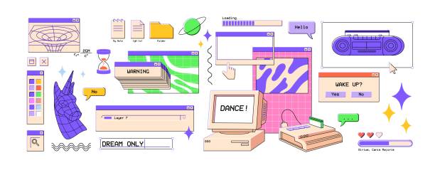 90s interface elements, UI in retro vaporwave style. 2000s digital aesthetics. Nostalgic windows, frames, popup messages set. Colored flat graphic vector illustrations isolated on white background 90s interface elements, UI in retro vaporwave style. 2000s digital aesthetics. Nostalgic windows, frames, popup messages set. Colored flat graphic vector illustrations isolated on white background. windows folder icon stock illustrations