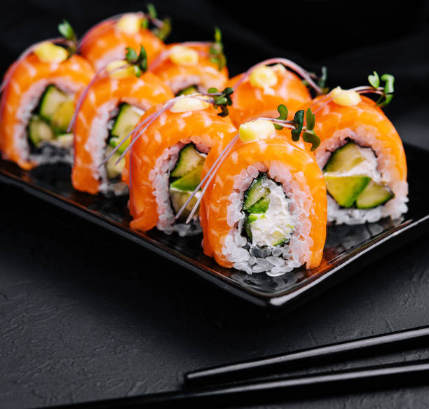 istock Philadelphia Sushi with avocado on black dish 1491196703